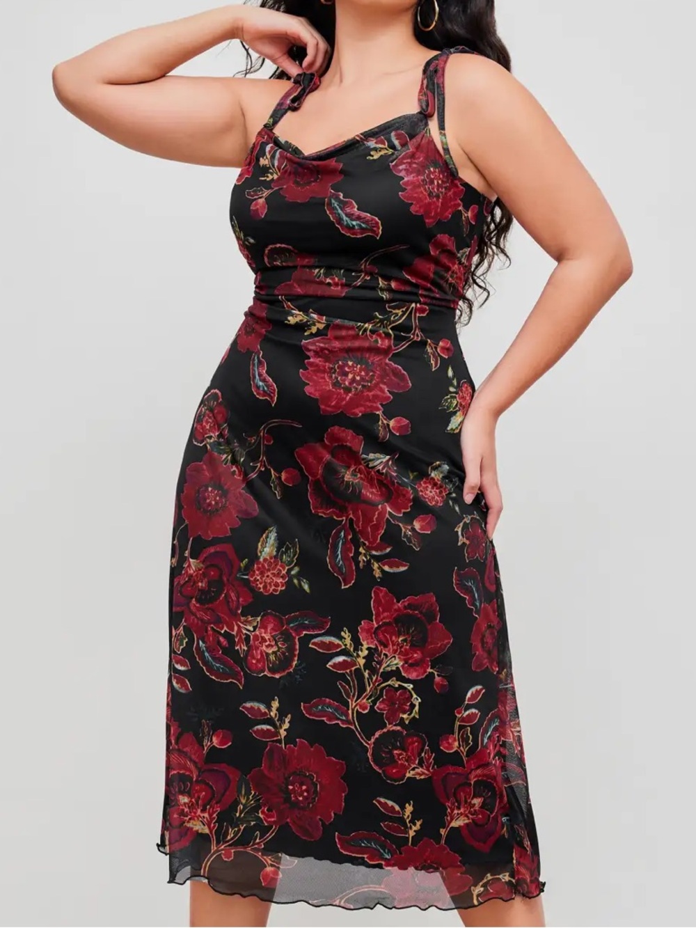 Cider Black Midi Dress with Red Floral Print